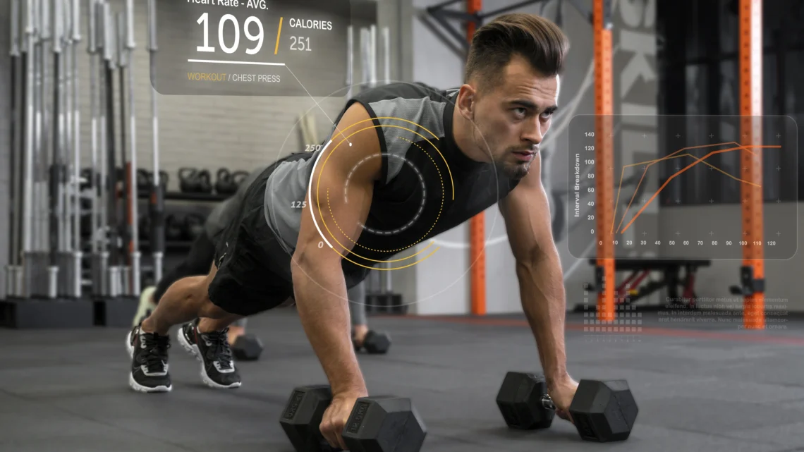Focused man performing push-ups using dumbbells with digital performance stats displayed, symbolizing smart training technology at a 24/7 gym in Greater Noida West.